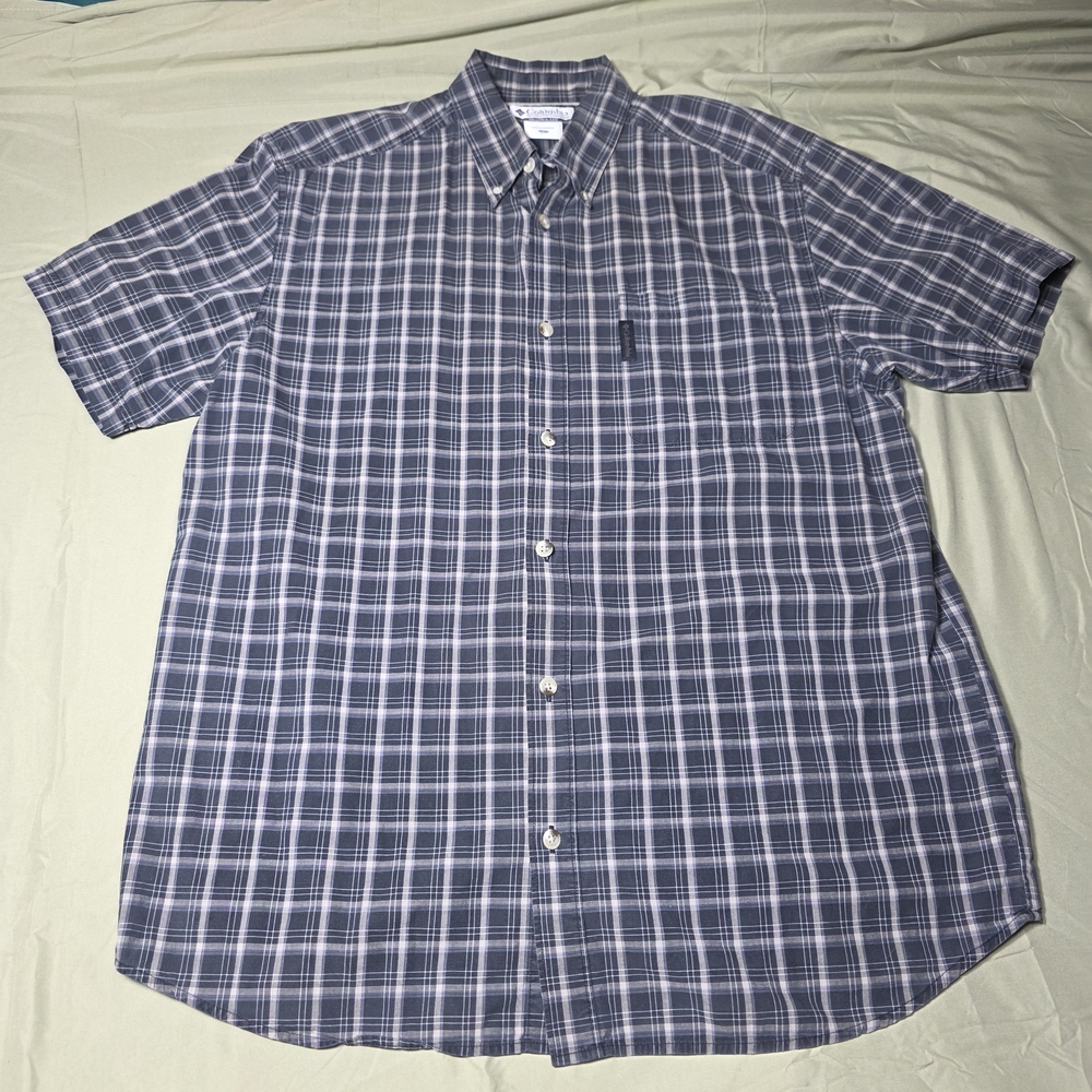 Short-Sleeve Plaid Button-Down Shirt - Navy/White